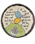 Joanne Delomba Set 2 - 10" Dinner Plates Cat Can't Get Birds Off Mind" Used. Price: $35.98.