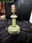 Vintage Green Toleware Finger Loop Table Lamp With Black Floral Design Used. Price: $45.00.