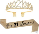 21ST Birthday Tiara And Gold Sash Set - I'm Bitches Crystal Party Accessories New. Price: $17.99.
