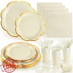 Oumuamua 350PC White Scalloped Plates And Napkins Gold Rim Party Set New. Price: $44.99.