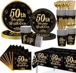 50TH Birthday Party Supplies For 24 Guests, 193 Pcs Black Gold Disposable Tablew New. Price: $46.50.