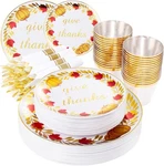 Fall Disposable Plates & Cutlery - 175PCS Gold Red Wreath Design New. Price: $93.58.