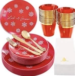 Hioasis 175PCS Christmas Plastic Plates, Cups, Silverware, Napkins New. Price: $40.00.