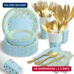 Aire 175PCS Blue And Gold Paper Plates Dinnerware Sets For 25 Guests, Party Deco New. Price: $47.37.